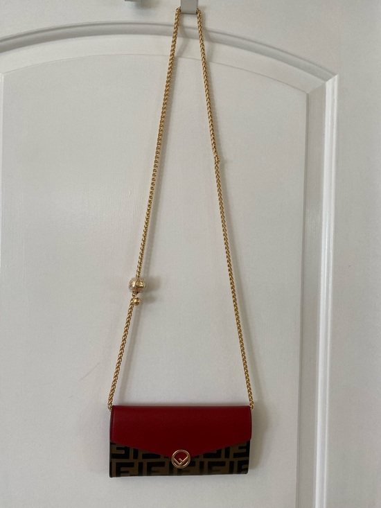 Fendi Handbags - Fendi Red & Brown FF Logo Continental Envelope Zucca Monogram Wallet w/ Chain